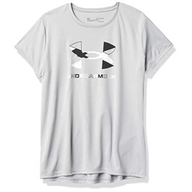 Imagem de Under Armour Camiseta de manga curta com logotipo grande gráfico tecnológico para meninas, Mod Gray Light Heather (011)/Black, X-Small