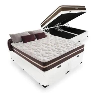 Imagem de Cama Box Baú King 193 Tecido Sintético Branco Com Colchão Little Angel