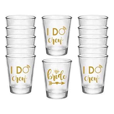 Imagem de Bride and I Do Crew Festa de Solteira Shot Gl, conjunto de 12, 11 Gold I Do Crew e 1 copo de dose de noiva dourado, decorações de despedida de solteira perfeitas e presentes de dama de honra para noivas