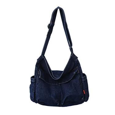 Imagem de Yohora Bolsa de ombro jeans estilo casual leve retrô para compras de viagem, bolsa tiracolo feminina, Azul escuro, Large, Casual