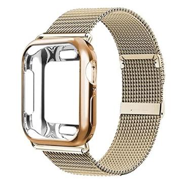 Imagem de MAALYA Capa + pulseira para Apple Watch Band 41mm 45mm 44/40mm 42/38mm Cinto de Metal Pulseira Milanese Loop para iWatch Series 7 6 SE 54321 (Cor: Ouro, Tamanho: 44mm para SE/6/5/4)