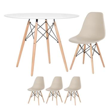 Imagem de Mesa Redonda Eames 100cm Branco + 3 Cadeiras Nude