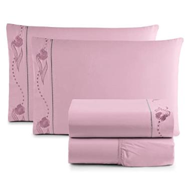 Imagem de Jogo de Cama Lençol Casal Bordado Imperial 4 Peças 200 Fios Percal (ROSA)
