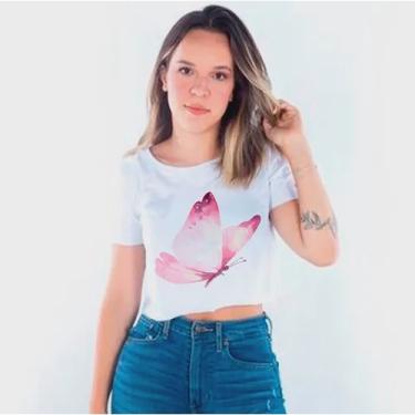 Imagem de Camiseta Feminina Cropped Borboleta Rosa Pastel Clara