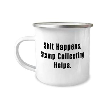 Imagem de Caneca de acampamento de 340 g, Shit Happens. Coleção de carimbos ajuda, presente para homens e mulheres, presentes de sarcasmo