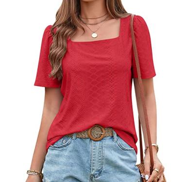 Imagem de Camiseta feminina de verão manga curta ajuste solto blusa manga quadrada oca doce camisa tops para usar com leggings, vermelho, G