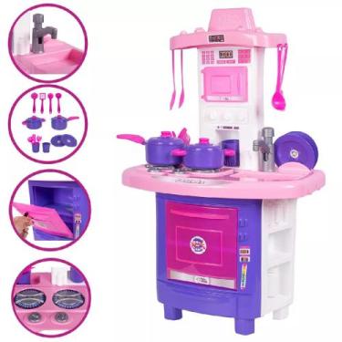 Imagem de Cozinha Infantil Rosa Completa Com Pia Fogão Forno Sai Água Brinquedo