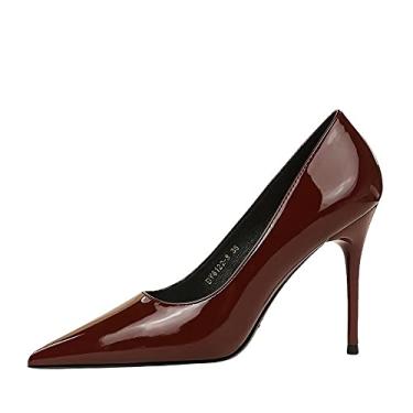 Imagem de YGJKLIS Sapatos femininos de cor sólida couro envernizado bico fino salto alto moda escritório 10 cm stiletto sapatos de festa de casamento, Vinho tinto, 6.5
