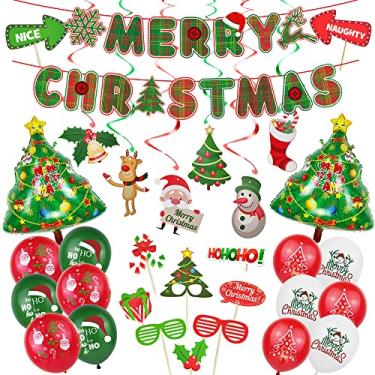 Imagem de Christmas decorations aluminum film balloon set Christmas photo props Merry Christmas banner spiral hanging decorations hanging decorations (Plaid flag style)