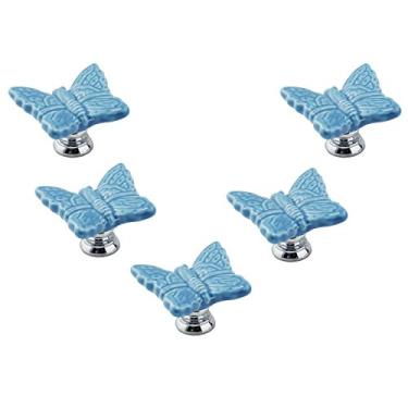 Imagem de Maçaneta de porta de cerâmica em forma de borboleta azul, 5 peças, puxador para quarto de criança, ótimo e divertido, puxadores de decoração para armário/armário/guarda-roupa/gaveta/banheiro, 7 cores