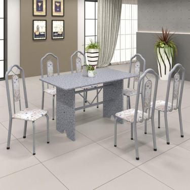 Imagem de Conjunto de Mesa 140x75cm Tampo Granito com 6 Cadeiras Bianca Soma Móveis Martelado Perola/Granito Ocre/Botanic Bege