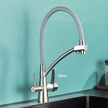 Imagem de Torneira da pia da cozinha torneira do filtro de água pura misturador guindaste dupla alças purificação torneira da cozinha quente e fria, mangueira cinza escovado