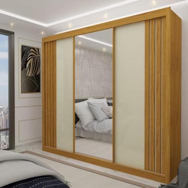 Imagem de Guarda-roupa Casal 3 Portas com Espelho Santorini Ripado Gelius Móveis Naturale/off White