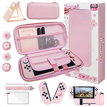 Imagem de HLRAO Kit de acessórios rosa para transporte de viagem, bolsa de transporte rosa Sakura compatível com Nintendo Switch. Capa protetora rígida rosa Switch, suporte ajustável, protetor de tela e alças fofas 10 em 1.