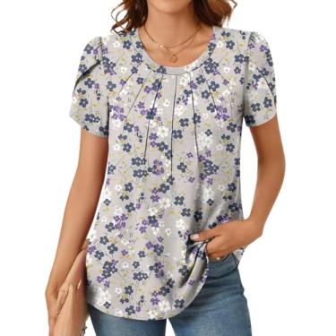 Imagem de Anyhold Blusa feminina de verão com manga de pétala, camisas elegantes e casuais, blusas plissadas para negócios, túnica, Flores roxas e cinzas, XXG