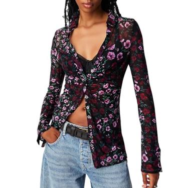 Imagem de Wyeysyt Camisetas femininas de malha com estampa floral Y2k manga longa abotoadas blusa boho transparente cardigãs, Roxa, M