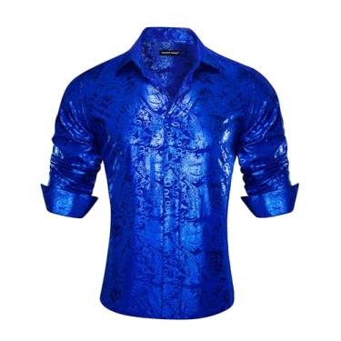 Imagem de Barry.Wang Camisetas masculinas Paisley Muscle Shirt vestido de seda botão manga longa regular tops moda flor casamento/formal, Estampa azul royal, 3G