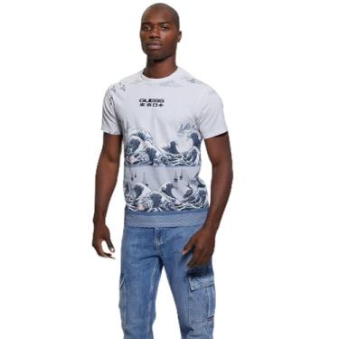 Imagem de GUESS Camiseta masculina de manga curta Eco Pacific Waves, Branco puro multi, P