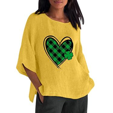 Imagem de Camisetas femininas divertidas para o dia de São Patrício com trevo irlandês verde manga 3/4 trevo da sorte casual, 053-amarelo, P