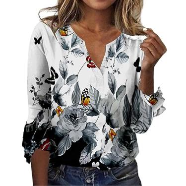 Imagem de Camisetas femininas de manga 3/4, plus size, casual, gola V, estampa floral, blusas elegantes, túnica de outono, roupas de férias, Preto, 3G