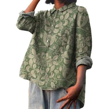 Imagem de Camiseta feminina de linho, estampa de flores, manga comprida, gola lapela, botões, blusa folgada, casual, Ag, 4G
