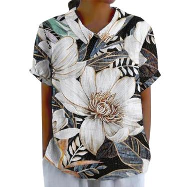 Imagem de Camisetas femininas de linho de algodão 2024 com estampa floral e gola e manga curta, casual, solta, confortável, Amarelo, M