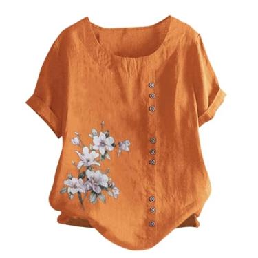 Imagem de Camiseta feminina de algodão e linho, manga curta, gola redonda, casual, solta, blusa floral com botões, Laranja, 5G