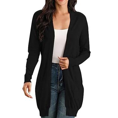 Imagem de Casaco feminino de malha cardigã de manga comprida grande jaqueta solta top aberto na frente suéter cardigã casaco casaco, Preto, XGG