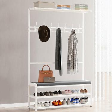 Imagem de Cabide de metal em pé com banco de sapatos Porta de entrada moderna Cabide independente Organizador de armazenamento de sapatos com 7 ganchos para entrada de corredor A, B, 90 CM