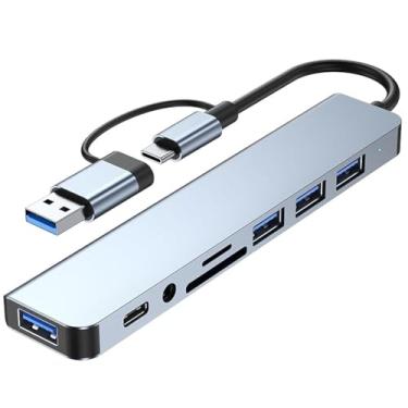 Imagem de Adaptador multiportas USB C Hub Pro 8 em 1, 3 portas USB 2.0, 1 porta USB 3.0, leitor de cartão SD/TF, porta de áudio 3.5, hub USB C portátil para tablets, laptops, PS5/PS4, interruptores, pen drives
