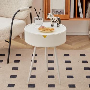 Imagem de Mesa de canto redonda com gaveta, mesa lateral de café para sala de estar, bandeja removível de plástico, pernas de aço, fácil de instalar