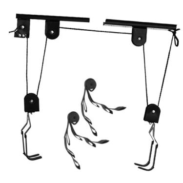 Imagem de Sistema de polia de elevação de bicicleta para garagem, 60 kg, aço, preto, 2 ganchos (1 gancho e 2 cordões multifuncionais)