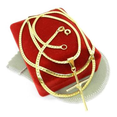 Imagem de Corrente Masculina 60Cm 3Mm + Cruz 40Mm Folheada Ouro Cr803 - Wnbijout