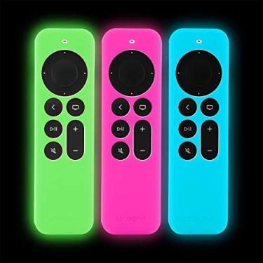 Imagem de LEFXMOPHY Capa protetora para Apple TV Siri Remote 2023 2024 2021 2022, capa de silicone para controle 4K HD 2ª 3ª geração, pacote com 3, verde, rosa choque, azul, manga que brilha no escuro com
