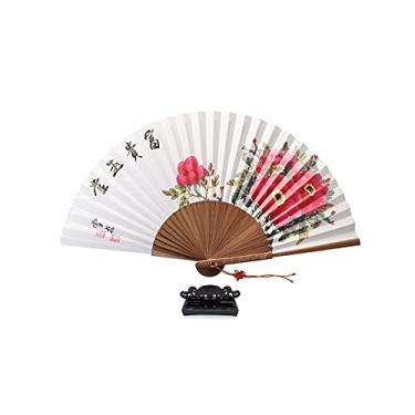 Imagem de NDM Ventilador tradicional coreano pintado à mão com pintura de peônia em flor de peônia, leque decorativo portátil com suporte