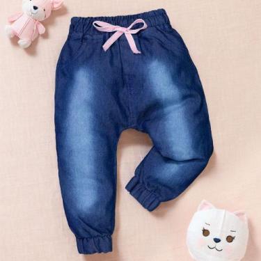 Imagem de Calça Jeans Jogger bebê lavagem escura e cordão rosa - Era Uma Vez, Je