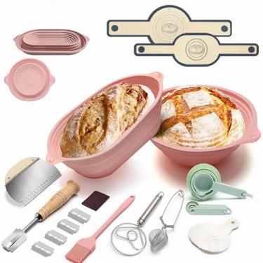 Imagem de Cesta de silicone Banneton, conjunto completo de suprimentos para assar pão fermentado, oval de 25 cm + tigelas redondas dobráveis de 23 cm + ferramentas essenciais para fazer pão, fácil de limpar e