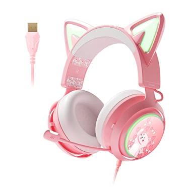 Imagem de EASARS Fone de ouvido para jogos, fones de ouvido USB com microfone retrátil e cancelamento de ruído, fone de ouvido com som surround 7.1 para PC, rosa