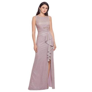 Imagem de Betsy & Adam Vestido feminino longo sem mangas com glitter com detalhe de babados e zíper oculto nas costas, Branco/Rosa/Dourado, 42