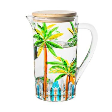 Imagem de Jarro de vidro tropical de verão mistura caribenha ponche coco árvore piscina festa design colorido tiki bar jarras gravadas para despejar em copos Margarita Mojito Martini Whiskey Sour Beach Water