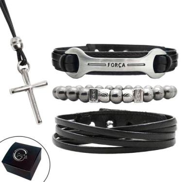 Imagem de Pulseiras Masc Couro FORÇA Kit C03 + Colar Cruz - GRANADO ACESSÓRIOS, 