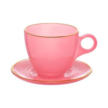 Imagem de Conjunto 4 Xícaras de Café com Pires Borda Dourada Linha Premium Rosa 85ml JGXC088RS - Hauskraft