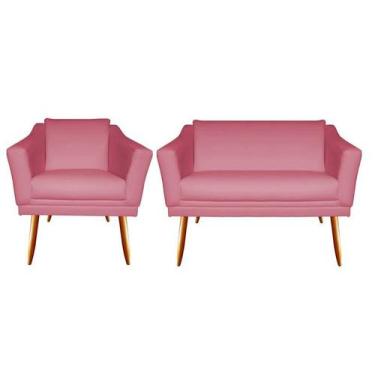 Imagem de Kit Namoradeira + 1 Poltrona Decorativa Agatha Suede Rosa Pés Madeira 