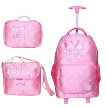 Imagem de Kit Mochila de Rodinha Bolsa Estojo e Lancheira Coração - Klizz, Rosa