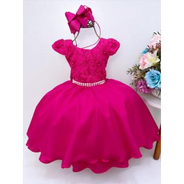 Imagem de Vestido infantil pink c/ renda e aplique flores pérolas - jeito de men