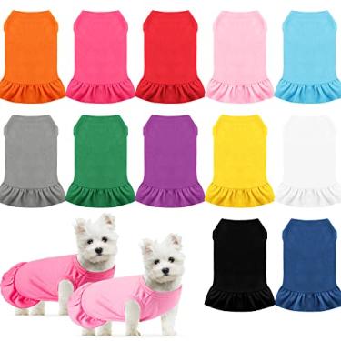 Imagem de Sanwuta 12 peças de vestidos fofos para filhotes de cachorro para meninas vestido confortável camisas para cães roupas femininas roupas para filhotes de cachorro roupas de cachorro camisetas com babados vestido de verão para cães praia, 12 cores (médio)