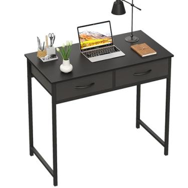 Imagem de WOHOMO Mesa de computador pequena com gavetas, mesa preta de 80 cm com armazenamento, mesa de computador para escritório doméstico para pequenos espaços, mesa de estudo de escrita de trabalho moderna,