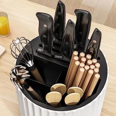 Imagem de Organizador de Cozinha Multifuncional Akozon Com Porta-faca Giratório, Caixa de Armazenamento para Pauzinhos e Suporte para Utensílios - Preto e Branco - Ideal para Bancada -