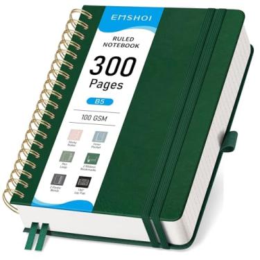 Imagem de EMSHOI Caderno espiral de couro de capa dura B5, pautado para faculdade, 300 páginas numeradas, papel grosso de 100 g/m² - diário forrado para homens, mulheres, trabalho, escrita e anotações, 19 x