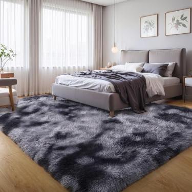 Imagem de KCHOWUA Tapetes grandes e fofos cinza escuro para sala de estar, 1,8 x 2,5 m, espesso, lavável, macio, felpudo, tapete felpudo para quarto de meninos, dormitório de estudantes, meninas, tie-dye preto